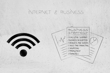 互联网和商业潜力概念 ilustration 网上商业战略文件在 wifi 标志旁边