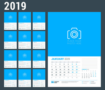 2019年的挂历规划模板。设置12月。星期从星期一开始。矢量插图