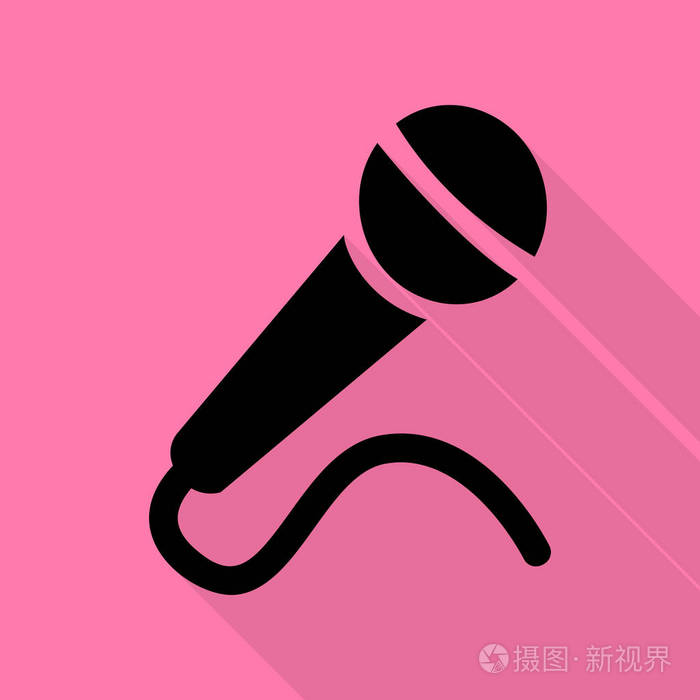 话筒标志图.与平面样式阴影路径在粉红色的背景上的黑色图标