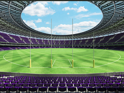 美丽现代圆澳式橄榄球体育场与紫色的椅子和 5 万球迷的贵宾包厢