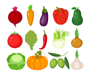 一套不同的蔬菜在扁平的风格。甜菜, 胡萝卜, 鸡蛋