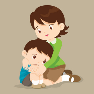 老师安慰心烦意乱的小学生. 老师安慰哭泣的男孩照片