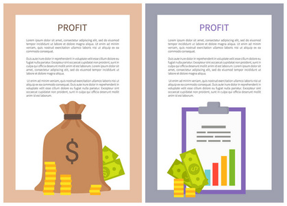 赢利信息垂直海报与金钱和硬币