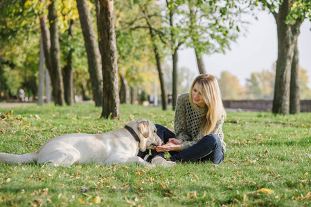 美丽的金发女郎坐在草地上的公园和她的狗拉布拉多