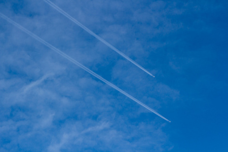 商业飞机飞行在高空离开凝结尾迹对暗蓝的天空