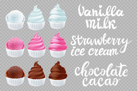 矢量集草莓, 香草, 巧克力冰淇淋在圆锥上透明背景刻字手工制作文本艺术