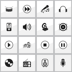 16 可编辑宋图标集。包括音乐手机 开始音频，麦克风等符号。可用于 Web 移动 Ui 和数据图表设计