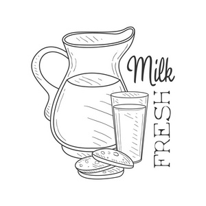 牛奶产品素描在素描风格与罐, 玻璃和饼干,新鲜的牛奶产品促销招牌