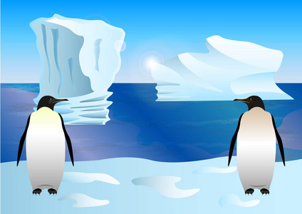 企鹅在冰, 冰山的背景下, 绘制的卡通风格