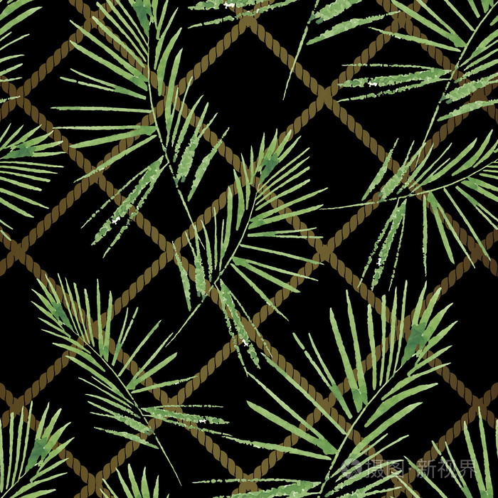 棕榈叶图案.无缝,手绘,水彩图案.矢量背景