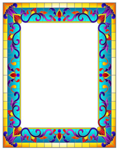 在彩色玻璃风格干花相框 鲜艳的花朵和叶子蓝色框架在白色背景上的插图