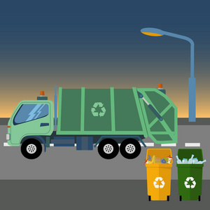 回收垃圾卡车把垃圾倒在黎明矢量图