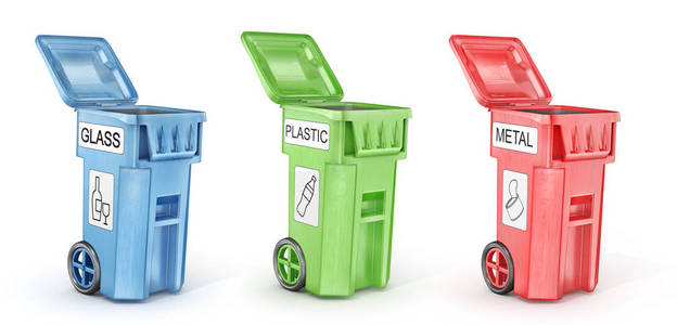 打开的垃圾桶打开垃圾桶的垃圾分类分离的白色.3d 插图照片