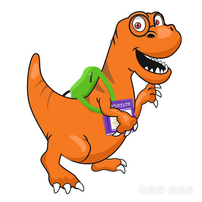可爱的恐龙,戴着眼镜,穿着背包步行去学校的教科书