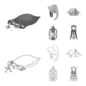 一袋钻石, 一头大象头, 一盏煤油灯, 一个帐篷。非洲野生动物园集合图标的轮廓, 单色风格矢量符号股票插画网站