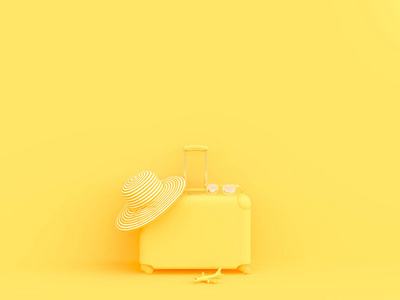 手提箱黄色的颜色与帽子和模型飞机在黄色背景的太阳镜。夏天概念和极小的样式, 3d 渲染