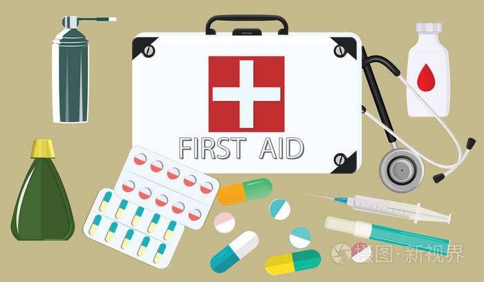 急救包-白色手提箱, 听诊器, 注射器, 药物-艺术载体插画-正版商用