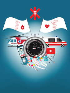 医疗背景. 符号和装置, 标志与标志, 运输急救平面式矢量艺术插图