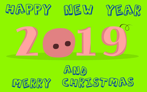 可爱的滑稽猪。新年快乐。中国象征2019年。精美节日礼品卡