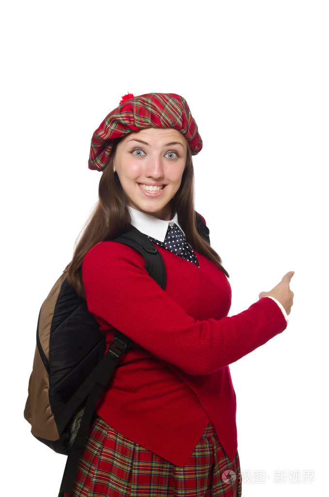 苏格兰格子服饰上白色孤立的女孩