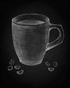 手绘杯咖啡与咖啡豆在黑板背景。矢量插图