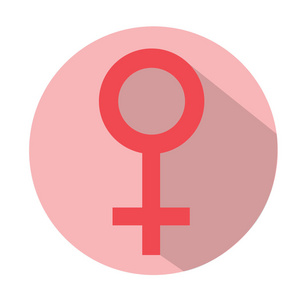 性别女平符号与长长的阴影.粉色圆圈中的红色女性抽象符号.矢量图照片