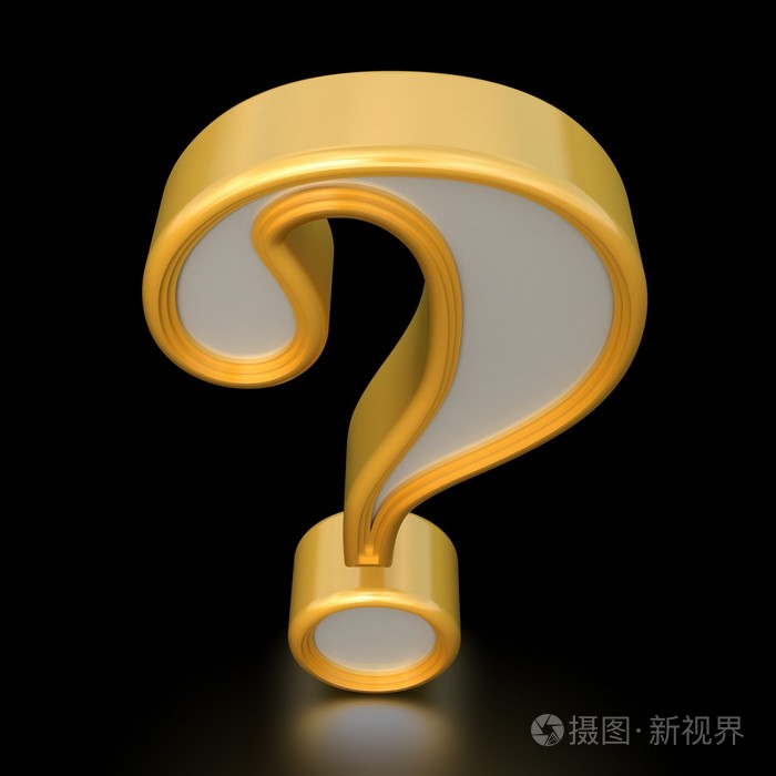 黄金的问号.黑色背景上的孤立.3d 渲染