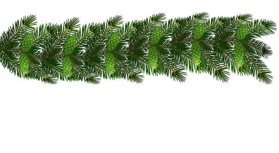 圣诞节。新年装饰以 lambrequins 的形式与锥体。绿色的树枝在白色的背景上。插图