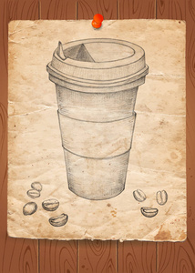 手拉杯咖啡与咖啡豆在旧纸张背景。矢量插图