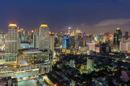 曼谷市中央商务繁华夜景鸟瞰图