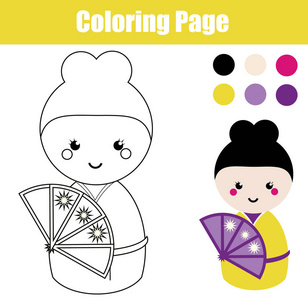 可爱的日本 kokeshi 娃娃的彩页。儿童教育游戏，绘图活动