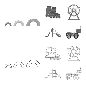 摩天轮与梯子, 滑板车。操场集合图标的轮廓, 单色风格矢量符号股票插画网站