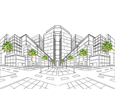 绘画透视吧室外建筑两点透视图照片