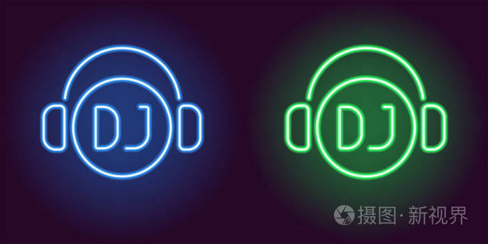 矢量插图的 dj 图标或标签与耳机在发光的霓虹灯风格.