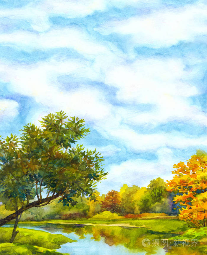 与阳光明媚的秋日风景水彩背景