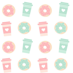 可爱的彩色甜甜圈和咖啡无缝矢量模式背景插图