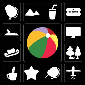 集13个简单的可编辑图标, 如沙滩球, 飞机, 搜索, 明星, 杯子, 森林, 帽子, 电脑, 鲨鱼在黑色背景