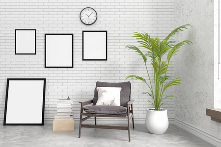 现代砖内墙与空白的相框 3d 图