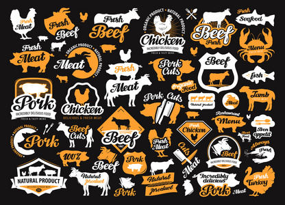 向量集的食品 肉类标签 标志 图标和设计元素