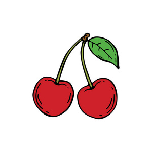 两个向量与绿叶孤立在白色背景下的红樱桃