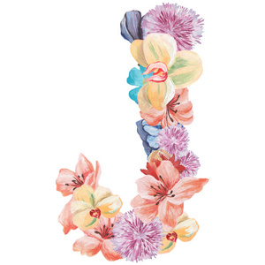 字母 j 的水彩花卉,孤立手绘白色背景,婚礼设计, 英语字母表照片