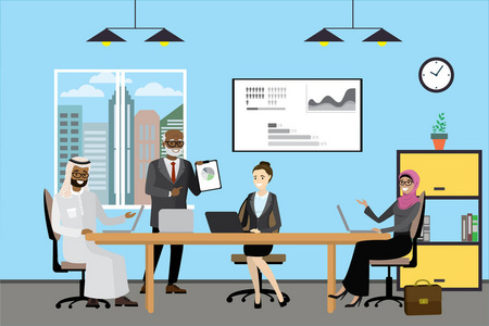 卡通多文化商务人士在现代办公室, 演示或会议, 室内设计与家具, 平面