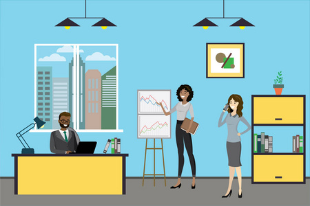 动漫商务人士在现代办公室工作, 室内设计与家具, 平面矢量插图照片