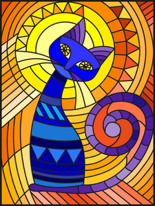 在橙色背景下用抽象蓝色几何猫着色的玻璃风格插图