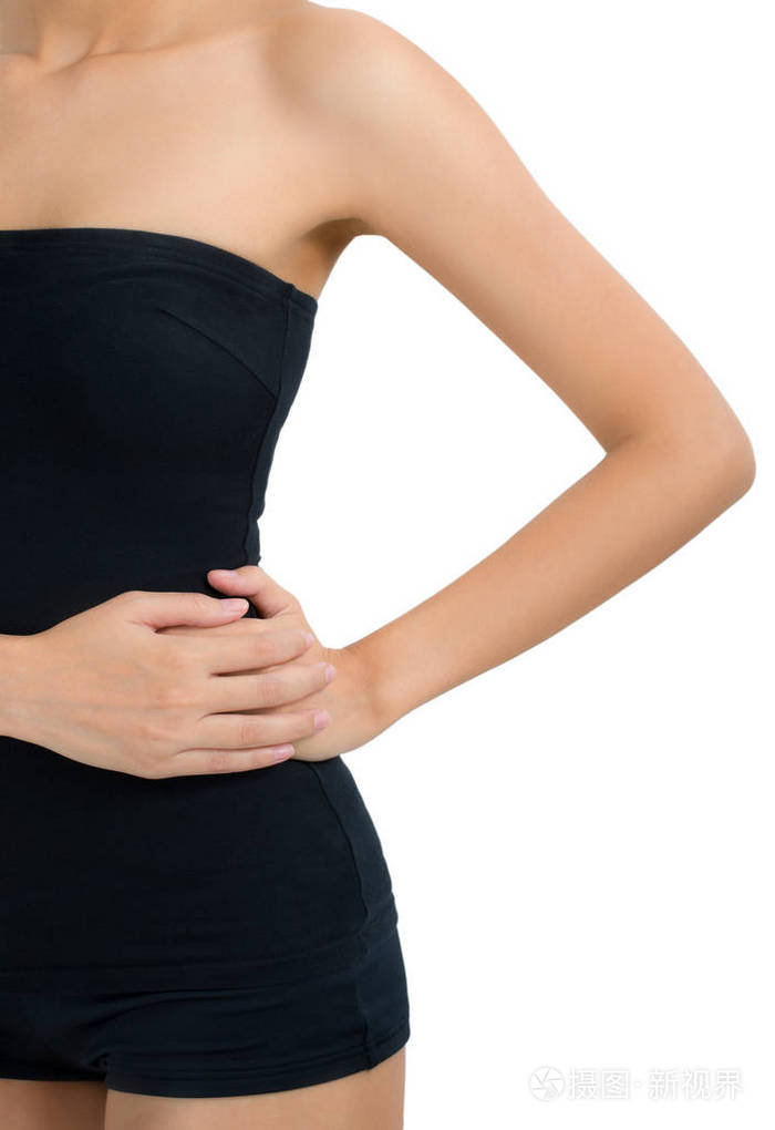 构成美丽健康的身体和按摩腰部疼痛区,孤立的白色背景上的女人