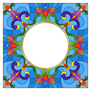 在彩色玻璃风格干花相框 鲜艳的花朵和叶子蓝色框架在白色背景上的插图