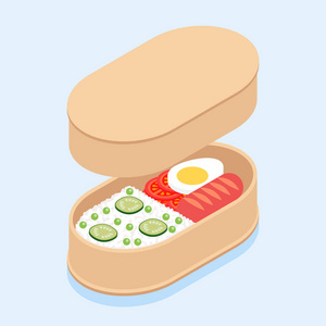 日本传统饭盒便当配米饭,香肠,西红柿,鸡蛋和黄瓜照片