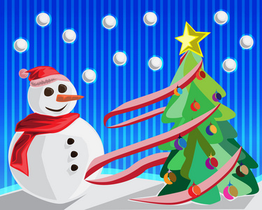 圣诞背景与雪人和圣诞树矢量