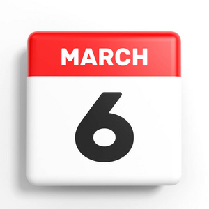 3 月 6 日。白色背景上的日历