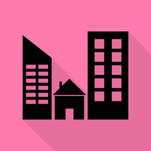 房地产标志。与平面样式阴影路径在粉红色的背景上的黑色图标